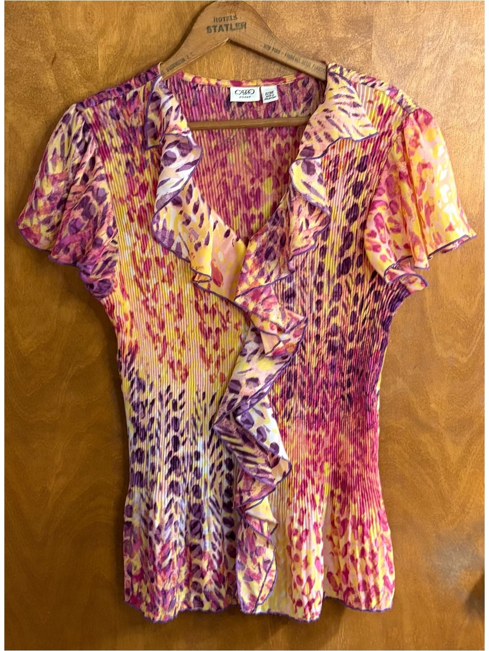 Vintage Y2K Pleated Neon Leopard Print Ruffle Top 90s Mcbling Festival Grunge 14